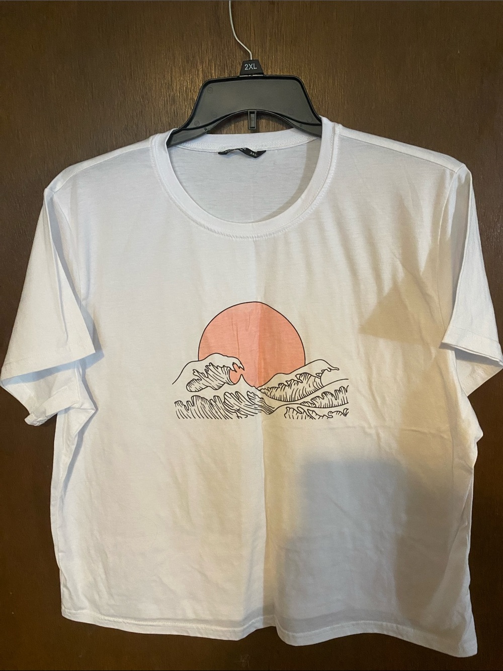 SHEIN White Tee with Coral Sun and Black Wave Sketch